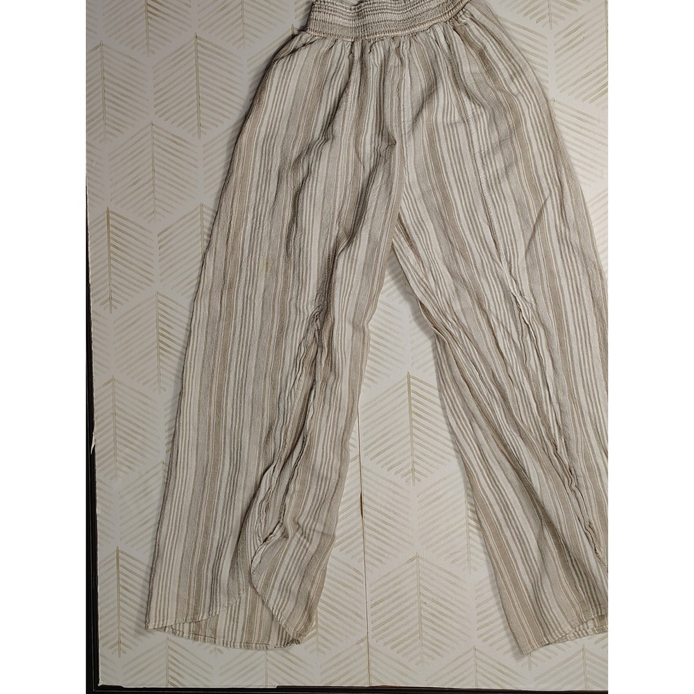 Land n Sea Womens Linen Blend Wide Leg Striped Smocked Waist Pants Beige White M